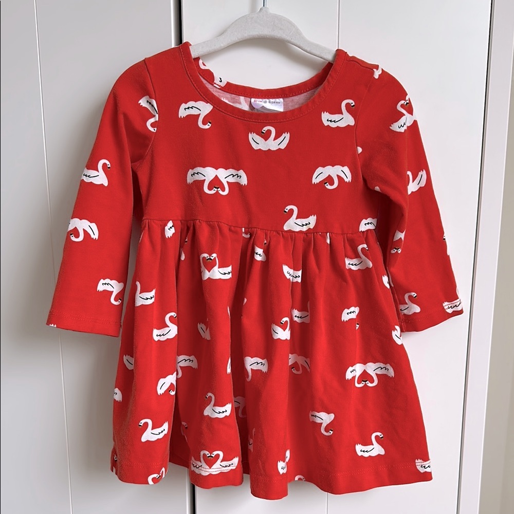 Hanna Andersson Red Swan Print Dress 18-24 Months